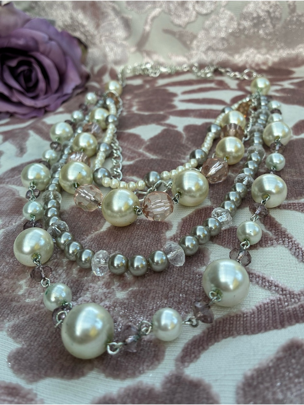 Multi-Strand Pearl & Crystal Necklace